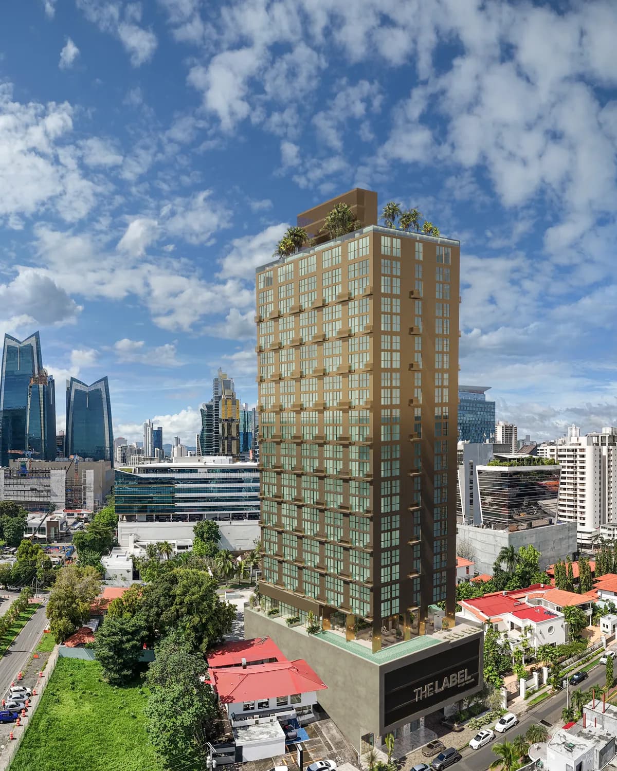 Render de The Label Obarrio, torre de fachada dorada en el centro financiero de Ciudad de Panamá