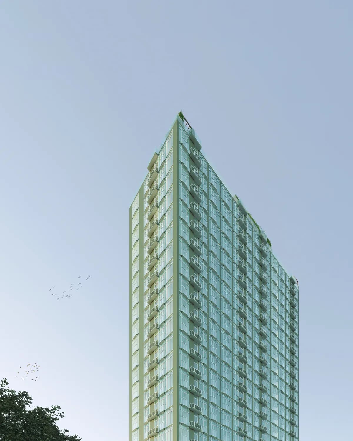 Render de la fachada de Amazonas, torre residencial con balcones ajardinados en Calle 42, Bella Vista