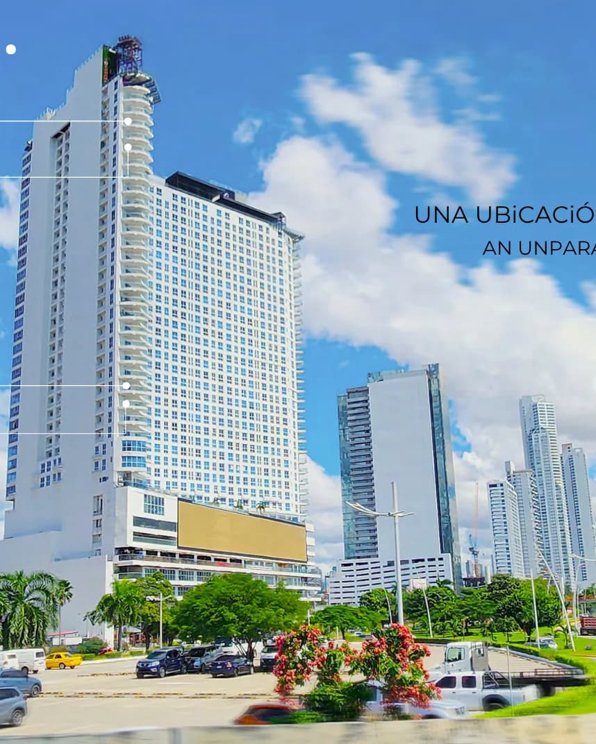 Torre de The Sands sobre Avenida Balboa, Ciudad de Panamá, con los niveles disponibles señalados